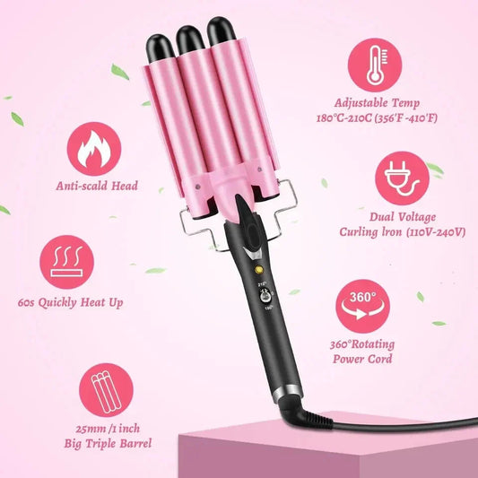 3 Barrels Hair Curler – 25mm Mermaid Waves Iron (لون وردي)